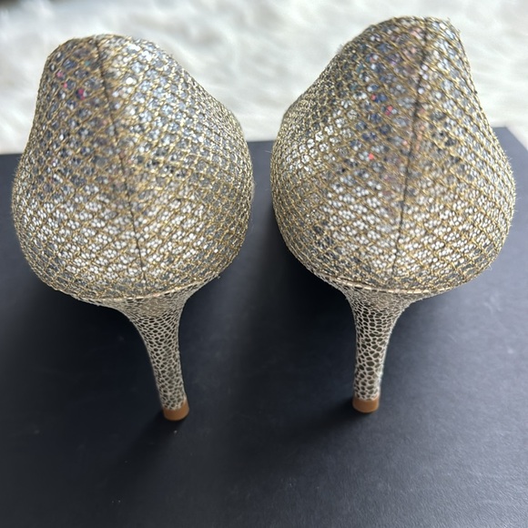 Jimmy Choo Gold Glitter Leather “Isabel” Peep Toe Heels Size 38 1/2 - Picture 10 of 13